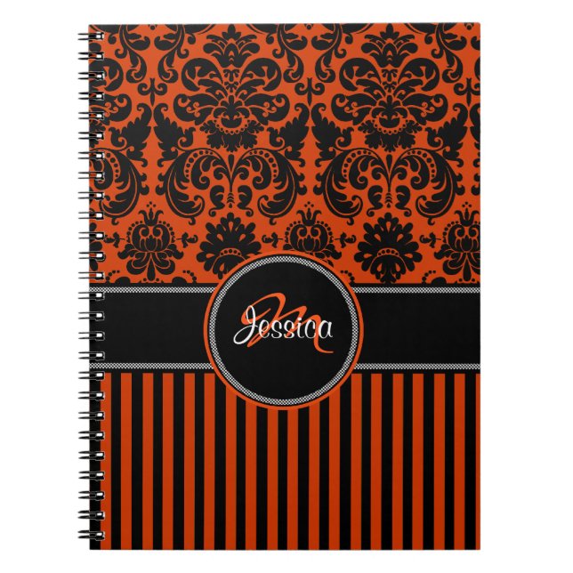 Personalised Orange Black White Striped Damask Notebook (Front)