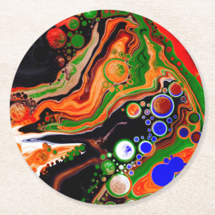 Personalised Orange, Blue, Green, Black Fluid Art  Round Paper Coaster