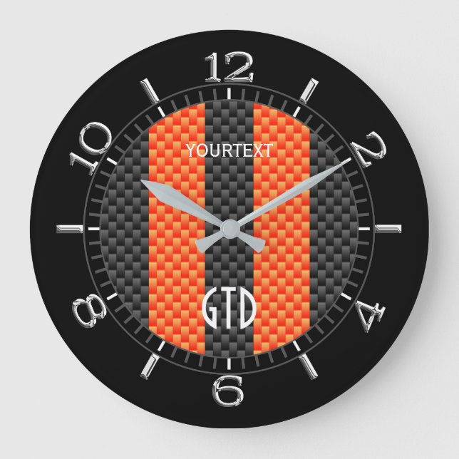 Personalised Orange Carbon Style Racing Stripes Large Clock (Front)