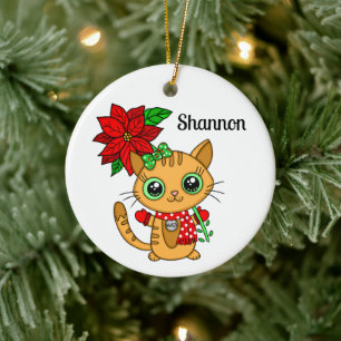Personalised Orange Cat Holding a Poinsettia  Ceramic Ornament