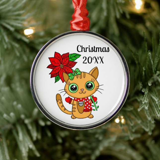 Personalised Orange Cat Holding a Poinsettia    Metal Ornament (Tree)