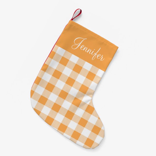 Personalised Orange Checks Pattern Small Christmas Stocking (Front (Hanging))
