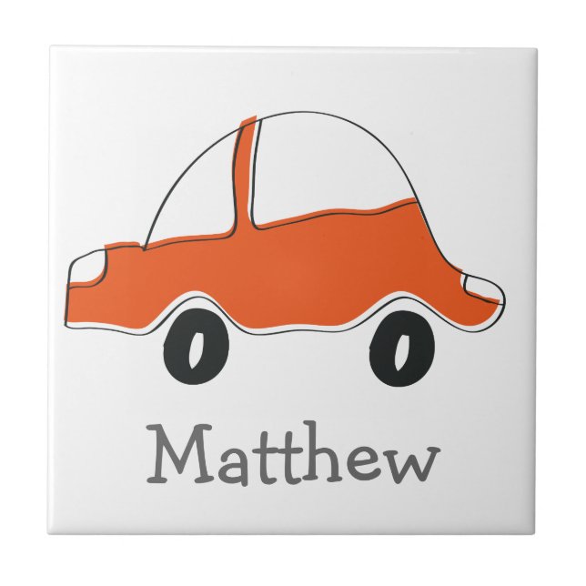 Personalised orange doodle car baby shower, kids ceramic tile (Front)