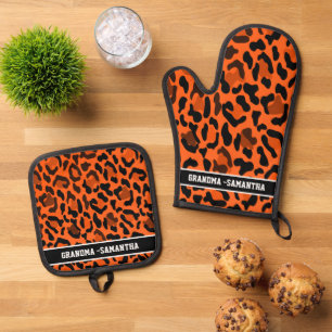 Personalised Orange Leopard Print Grandma Name Oven Mitt & Pot Holder Set
