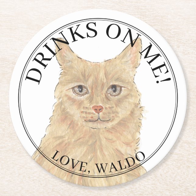 Personalised Orange Maine Coon Cat Wedding Round Paper Coaster (Front)