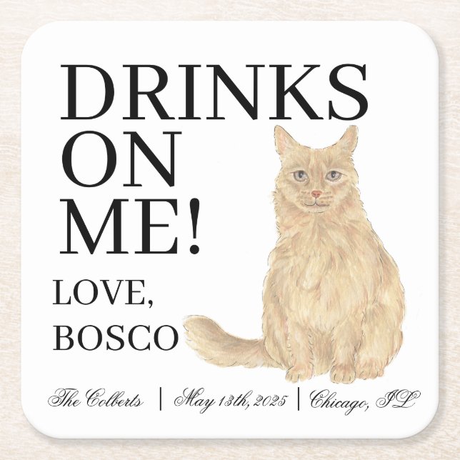 Personalised Orange Maine Coon Cat Wedding Square Paper Coaster (Front)