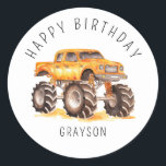 Personalised Orange Monster Truck Birthday Gift Classic Round Sticker<br><div class="desc">Delight your kids this birthday with personalised stickers! Featuring a whimsical,  watercolor orange monster,  these stickers will make your children's birthday dreams come true. Personalised with your child's name!</div>