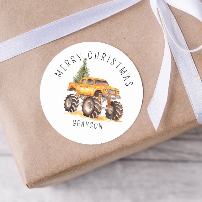 Personalised Orange Monster Truck Christmas Gift Classic Round Sticker (Creator Uploaded)