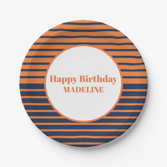 Personalised Orange Navy Blue Striped Birthday Paper Plate (Front)