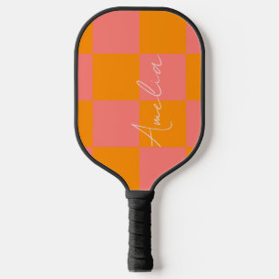 Personalised Orange pink Check Pickleball Paddle