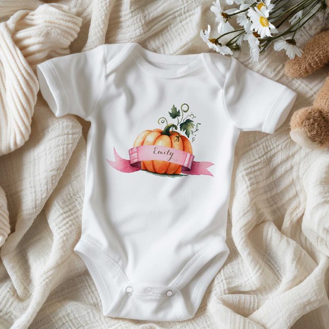 Personalised Orange & Pink Pumpkin  Baby Bodysuit (Pumpkin one piece for baby personalized with name by VG Invites)