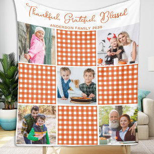 Personalised Orange Plaid Plaid 5 Photo Collage Fleece Blanket
