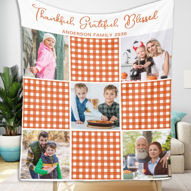 Personalised Orange Plaid Plaid 5 Photo Collage Fleece Blanket (Creator Uploaded)