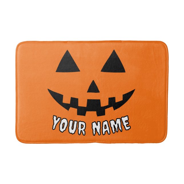 Personalised Orange Pumpkin Halloween Your Name Bath Mat (Front)