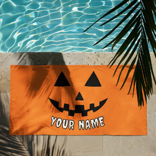 Personalised Orange Pumpkin Halloween Your Name Beach Towel