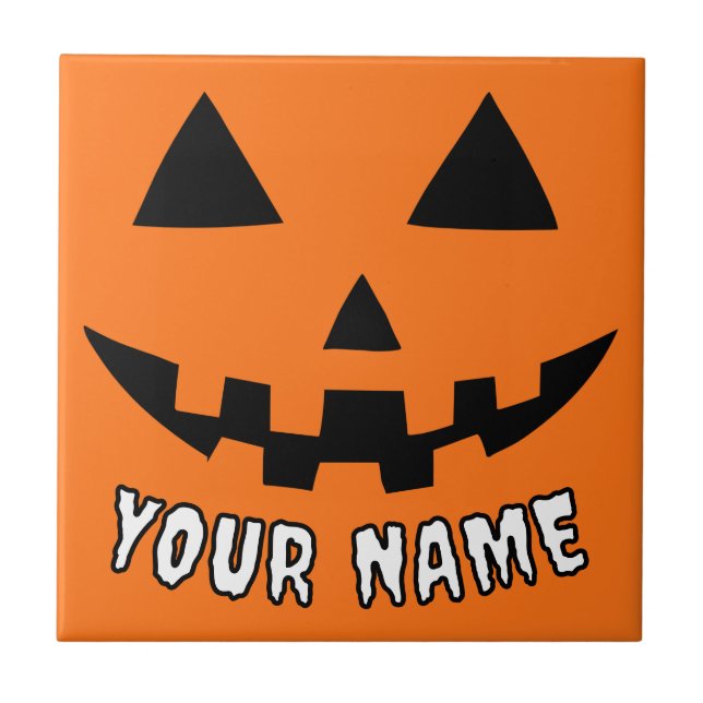 Personalised Orange Pumpkin Halloween Your Name Ceramic Tile (Front)