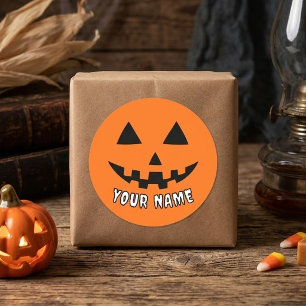 Personalised Orange Pumpkin Halloween Your Name Classic Round Sticker