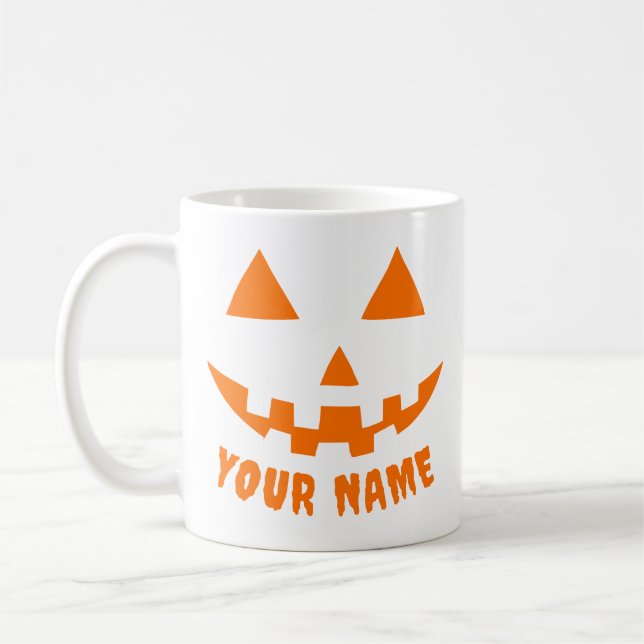 Personalised Orange Pumpkin Halloween Your Name Coffee Mug (Left)