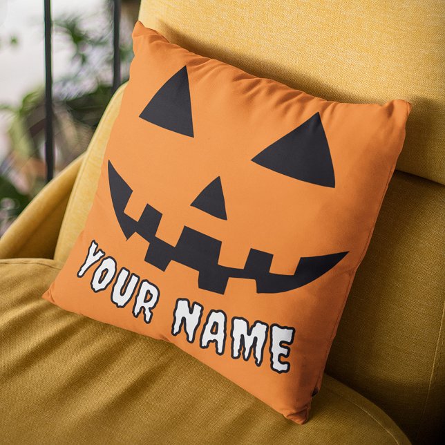 Personalised Orange Pumpkin Halloween Your Name Cushion (Creator Uploaded)