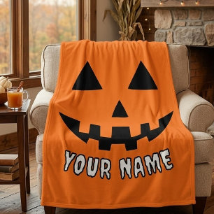 Personalised Orange Pumpkin Halloween Your Name Fleece Blanket