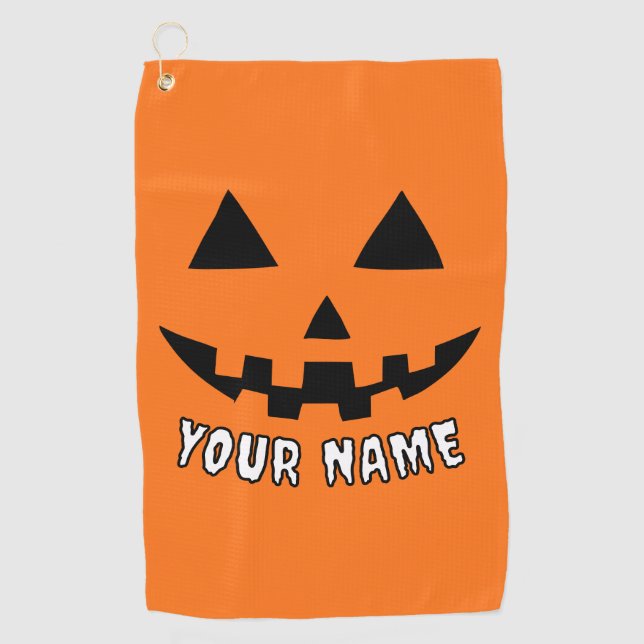 Personalised Orange Pumpkin Halloween Your Name Golf Towel (Front)