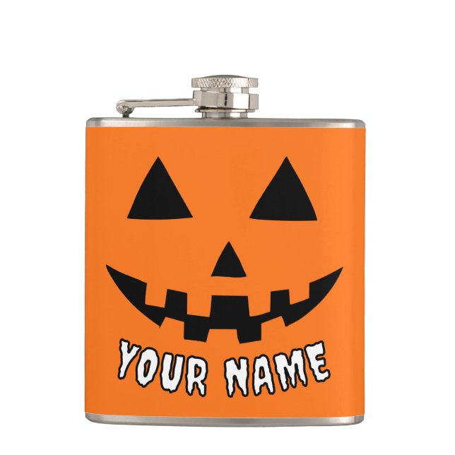 Personalised Orange Pumpkin Halloween Your Name Hip Flask (Front)