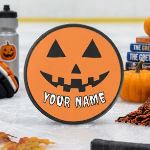 Personalised Orange Pumpkin Halloween Your Name Hockey Puck