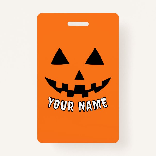 Personalised Orange Pumpkin Halloween Your Name ID Badge (Front)
