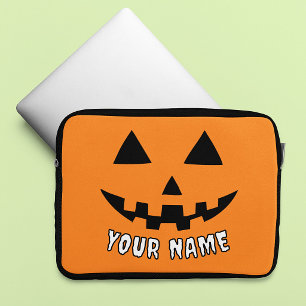 Personalised Orange Pumpkin Halloween Your Name Laptop Sleeve