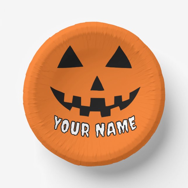 Personalised Orange Pumpkin Halloween Your Name Paper Plate (Front)