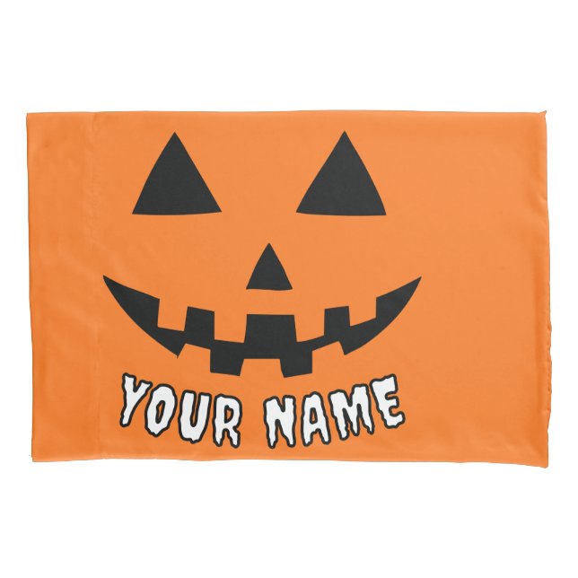 Personalised Orange Pumpkin Halloween Your Name Pillowcase (Front)