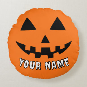Personalised Orange Pumpkin Halloween Your Name Round Cushion