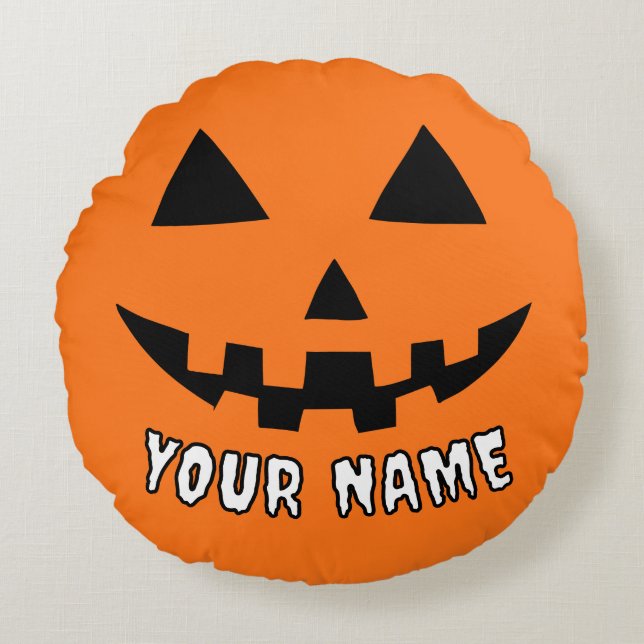 Personalised Orange Pumpkin Halloween Your Name Round Cushion (Front)