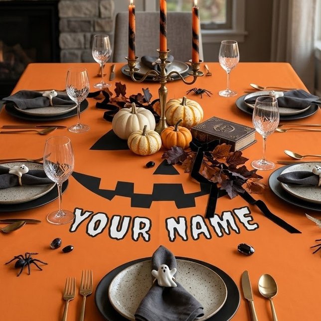 Personalised Orange Pumpkin Halloween Your Name Tablecloth (Creator Uploaded)