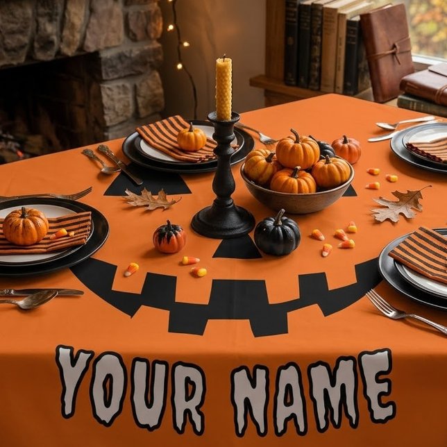 Personalised Orange Pumpkin Halloween Your Name Tablecloth (Creator Uploaded)