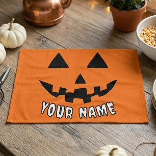 Personalised Orange Pumpkin Halloween Your Name Tea Towel