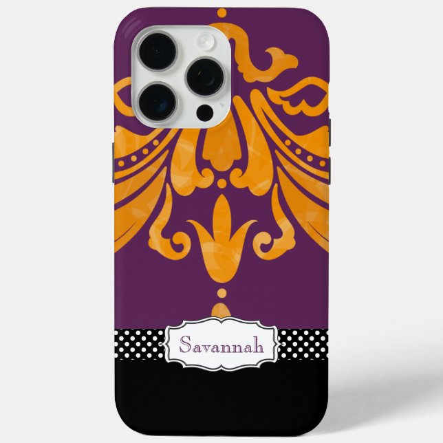 Personalised Orange Tangerine Eggplant Damask Case-Mate iPhone Case (Back)