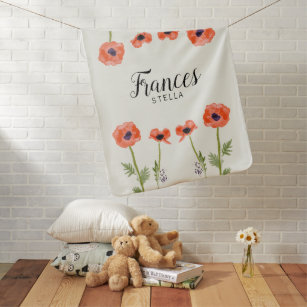 Personalised Orange Watercolor Poppies Floral Baby Blanket