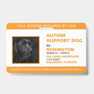 Personalised orange White Service Dog Photo ID Badge