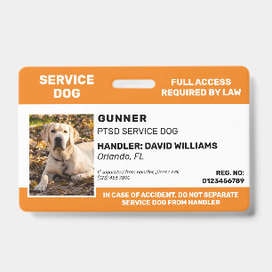 Personalised Orange White Service Dog Photo ID Badge