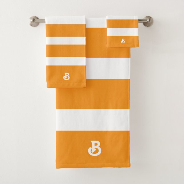 Personalised Orange & White Stripes Pattern Bath Towel Set (Insitu)