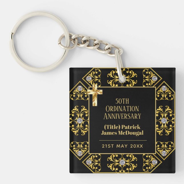  Personalised Ordination Anniversary Black Gold Key Ring (Front)