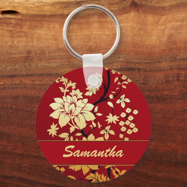 Personalised Oriental Golden Flowers on Red Key Ring (Front)