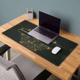 Personalised Ornate Green Gold Mandala Desk Mat