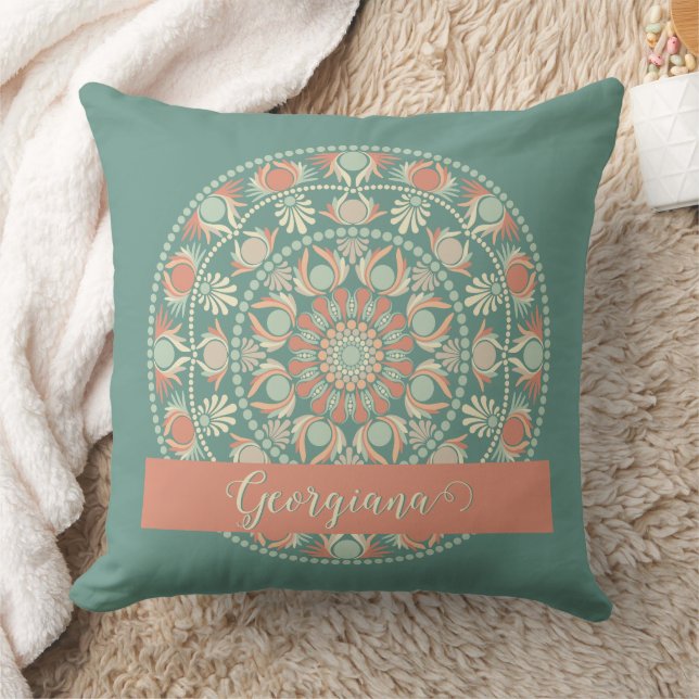 Personalised Ornate Retro Sage and Sand Mandala Cushion (Blanket)