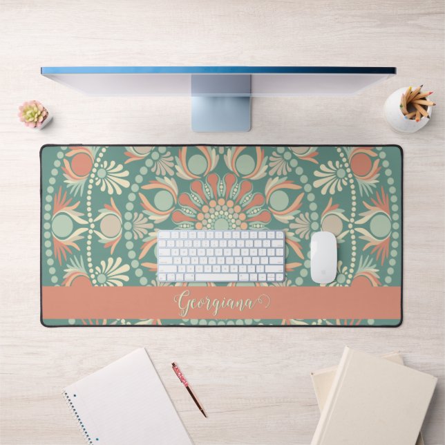 Personalised Ornate Retro Sage and Sand Mandala Desk Mat (Office 1)