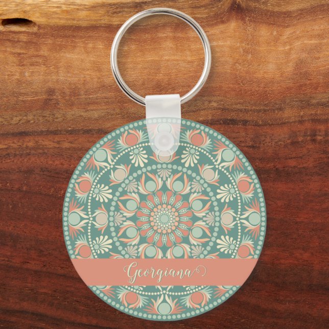Personalised Ornate Retro Sage and Sand Mandala Key Ring (Front)