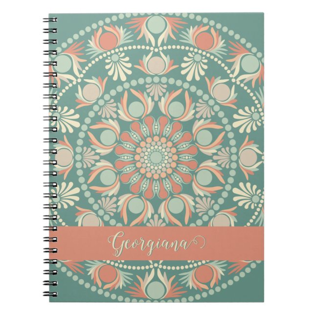 Personalised Ornate Retro Sage and Sand Mandala Notebook (Front)