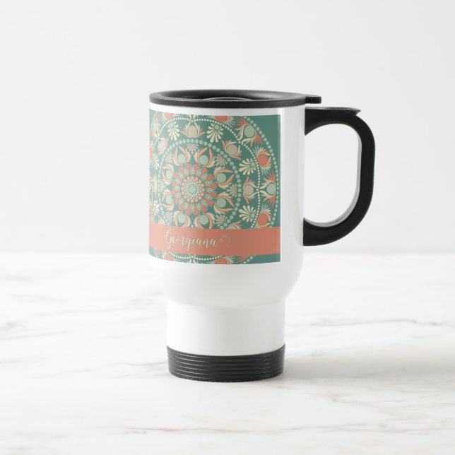 Personalised Ornate Retro Sage and Sand Mandala Travel Mug (Right)