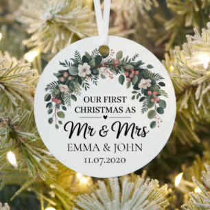 Personalised Our First Christmas As Mr & Mrs 2025 Metal Tree Decoration